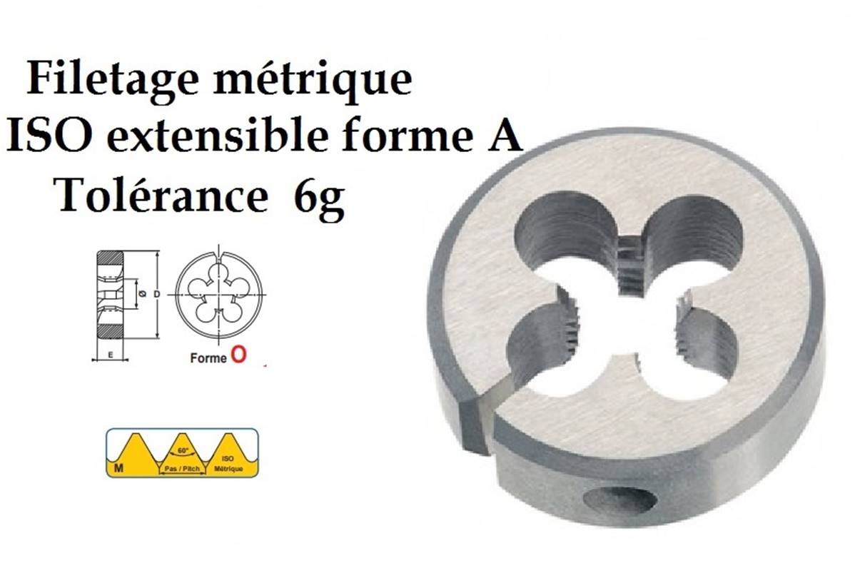 Filière ronde filetage métrique extensible acier CV ISO forme A